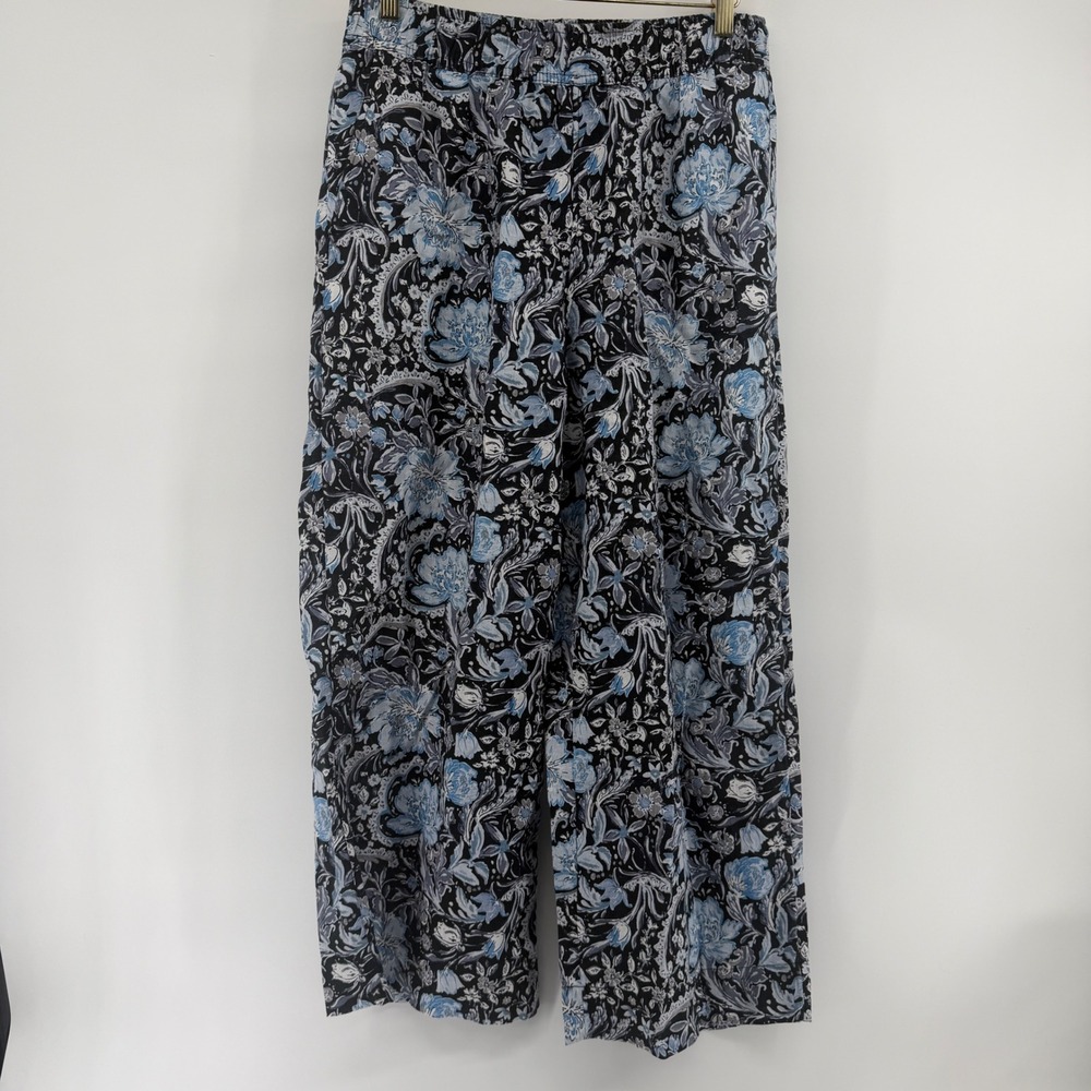 Tahari Womens Blue Black Floral Paisley 100% Linen Wide Leg Pants Size M